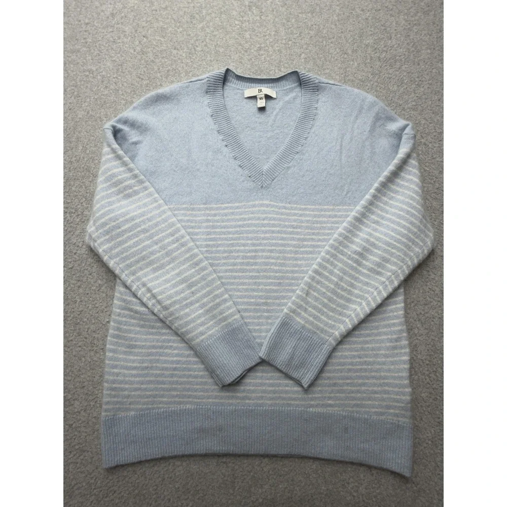 Banana Republic Sweater Womens XS Blue Cashmere V Neck Striped Knit Pullover